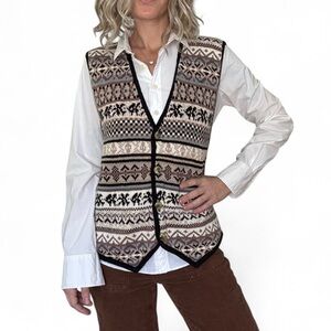 Jamie Scott Sweater Vest Womens L Nordic Fair Isle Geometric Buttons Neutrals